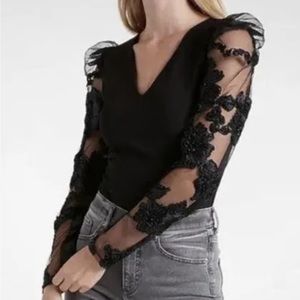 Express bodysuits with floral lace sleeves